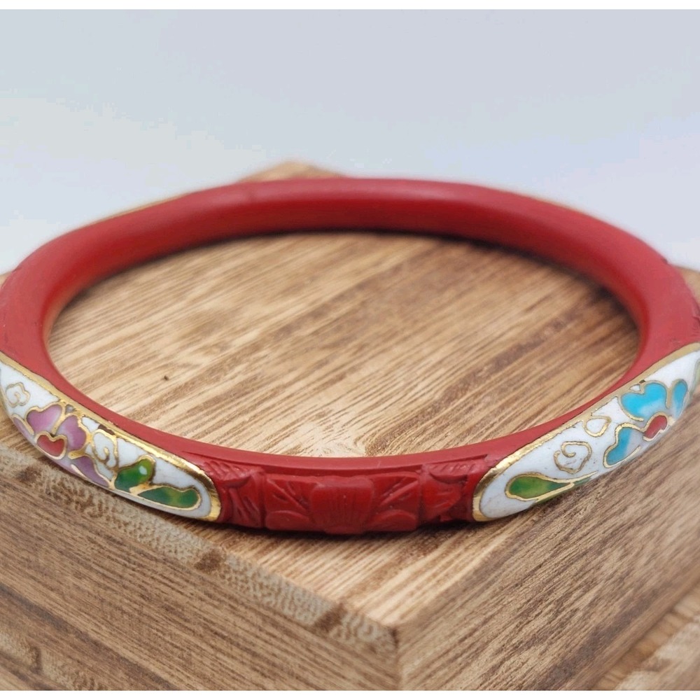 Bangle Bracelet Cinnabar Floral Cloisonne Chinese Red Carved Vintage Boho Retro